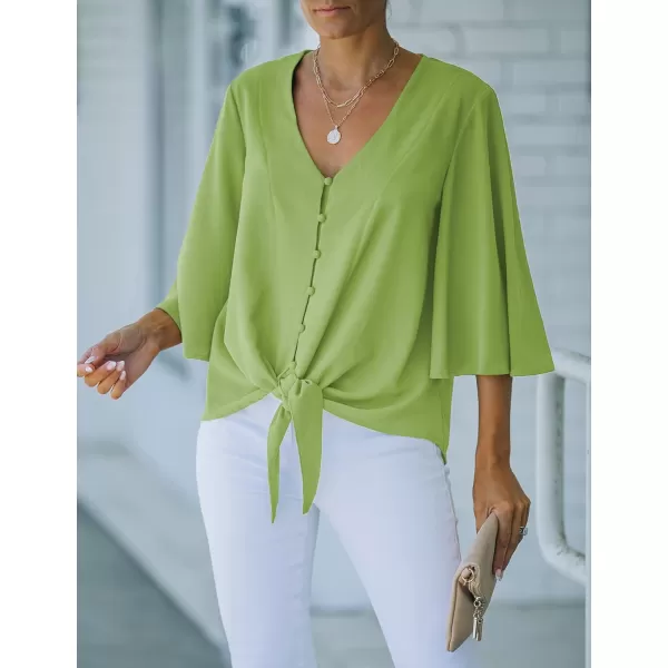 luvamia Womens Casual V Neck Tops 34 Sleeve Tie Knot Blouses Solid Button Down ShirtsBright Green