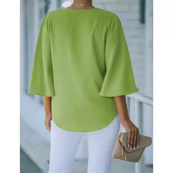 luvamia Womens Casual V Neck Tops 34 Sleeve Tie Knot Blouses Solid Button Down ShirtsBright Green