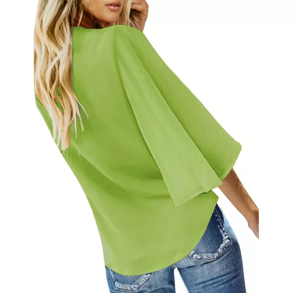 luvamia Womens Casual V Neck Tops 34 Sleeve Tie Knot Blouses Solid Button Down ShirtsBright Green