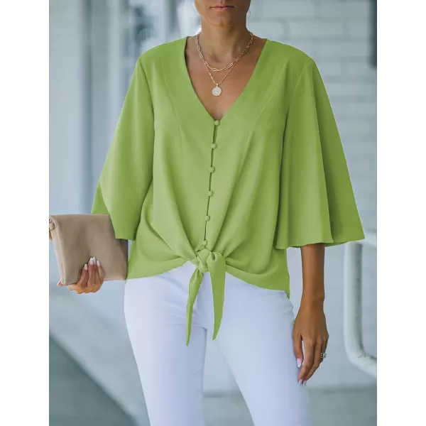 luvamia Womens Casual V Neck Tops 34 Sleeve Tie Knot Blouses Solid Button Down ShirtsBright Green