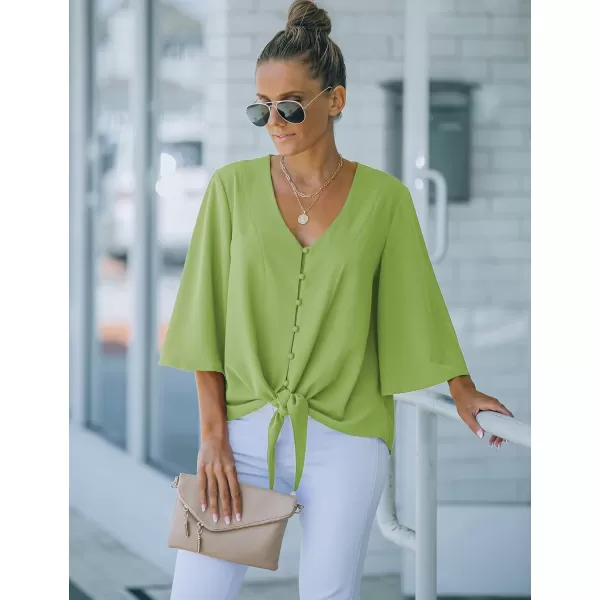 luvamia Womens Casual V Neck Tops 34 Sleeve Tie Knot Blouses Solid Button Down ShirtsBright Green