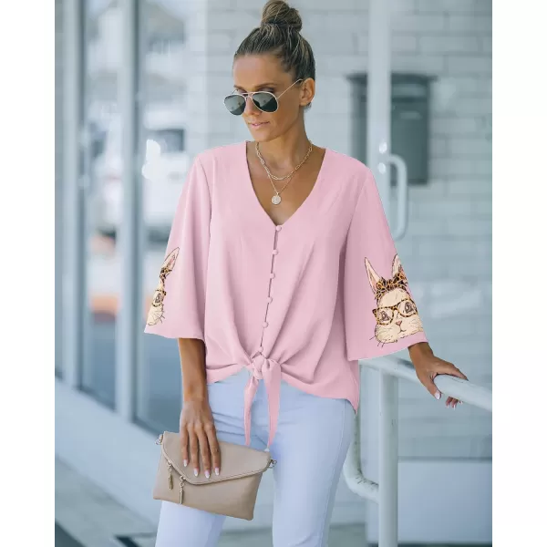 luvamia Womens Casual V Neck Tops 34 Sleeve Tie Knot Blouses Solid Button Down ShirtsBunny  Cradle Pink