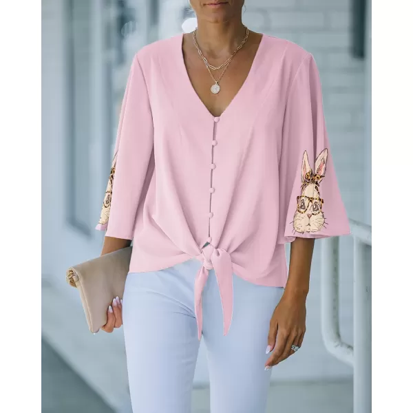 luvamia Womens Casual V Neck Tops 34 Sleeve Tie Knot Blouses Solid Button Down ShirtsBunny  Cradle Pink