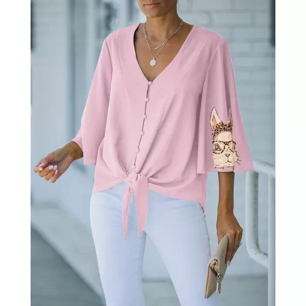 luvamia Womens Casual V Neck Tops 34 Sleeve Tie Knot Blouses Solid Button Down ShirtsBunny  Cradle Pink