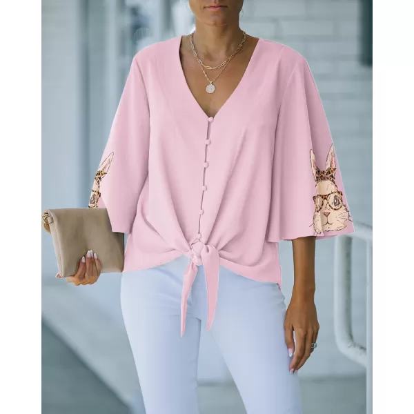 luvamia Womens Casual V Neck Tops 34 Sleeve Tie Knot Blouses Solid Button Down ShirtsBunny  Cradle Pink