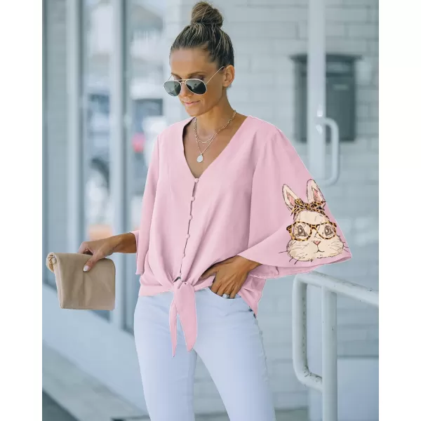luvamia Womens Casual V Neck Tops 34 Sleeve Tie Knot Blouses Solid Button Down ShirtsBunny  Cradle Pink