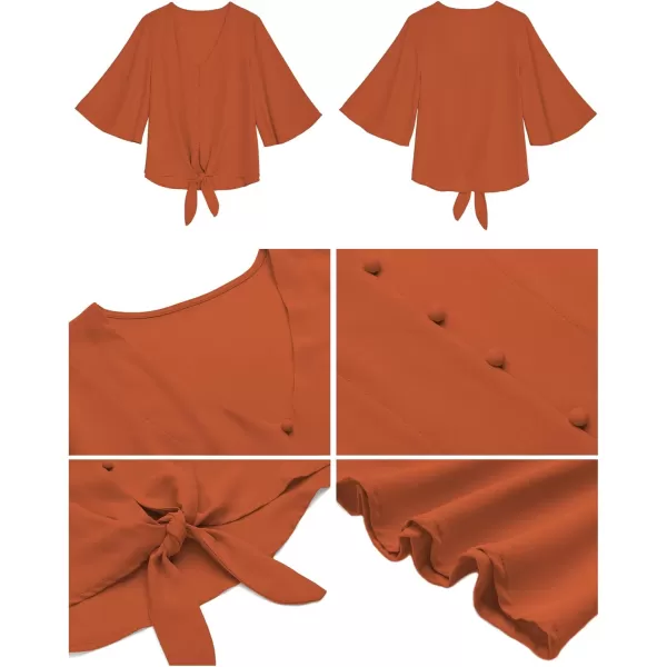 luvamia Womens Casual V Neck Tops 34 Sleeve Tie Knot Blouses Solid Button Down ShirtsCinnamon Stick