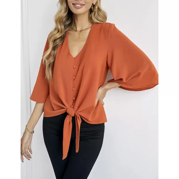 luvamia Womens Casual V Neck Tops 34 Sleeve Tie Knot Blouses Solid Button Down ShirtsCinnamon Stick