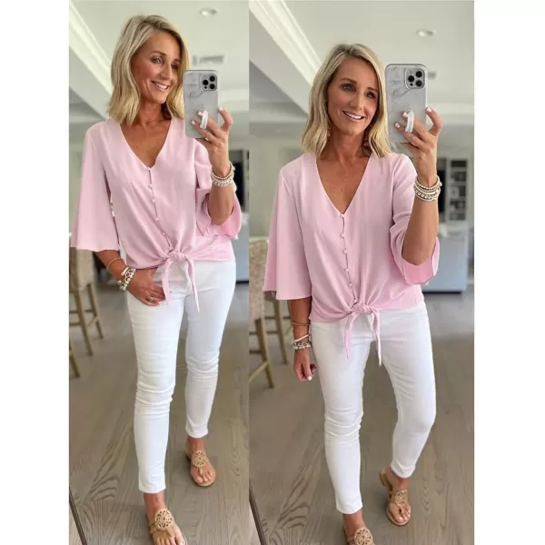 luvamia Womens Casual V Neck Tops 34 Sleeve Tie Knot Blouses Solid Button Down ShirtsCradle Pink