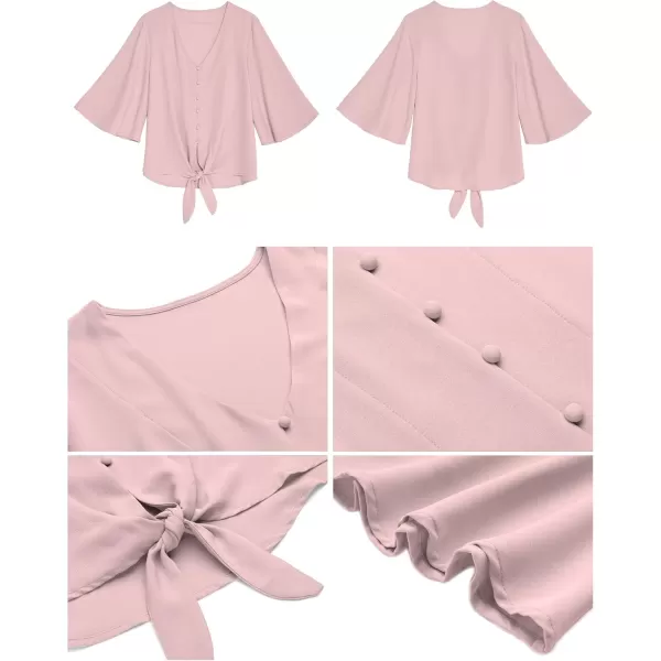 luvamia Womens Casual V Neck Tops 34 Sleeve Tie Knot Blouses Solid Button Down ShirtsCradle Pink