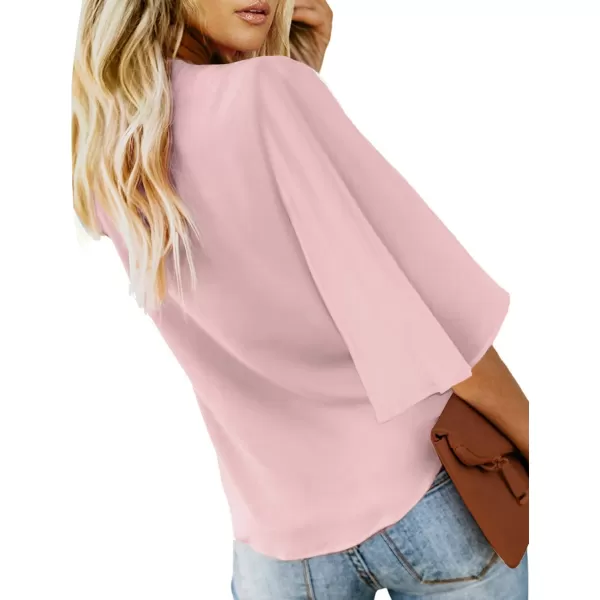 luvamia Womens Casual V Neck Tops 34 Sleeve Tie Knot Blouses Solid Button Down ShirtsCradle Pink