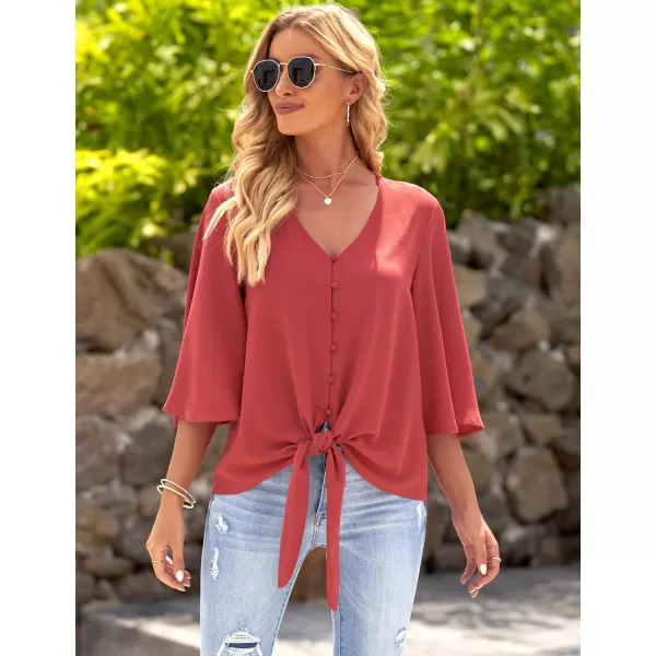 luvamia Womens Casual V Neck Tops 34 Sleeve Tie Knot Blouses Solid Button Down ShirtsCranberry