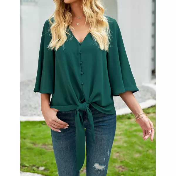 luvamia Womens Casual V Neck Tops 34 Sleeve Tie Knot Blouses Solid Button Down ShirtsCypress Green
