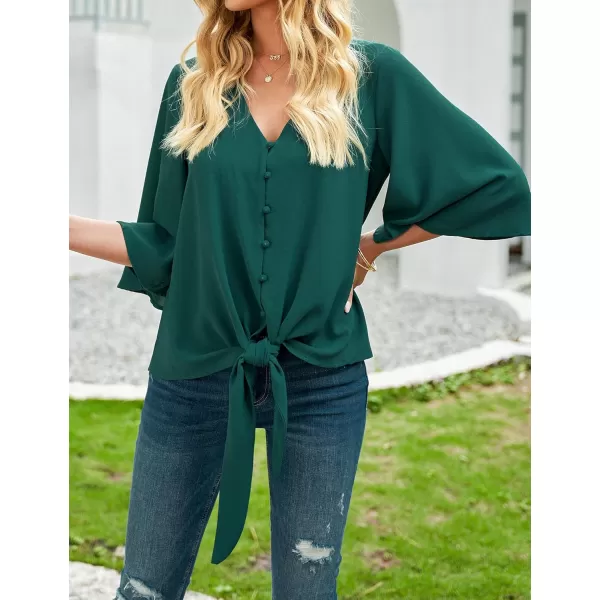 luvamia Womens Casual V Neck Tops 34 Sleeve Tie Knot Blouses Solid Button Down ShirtsCypress Green