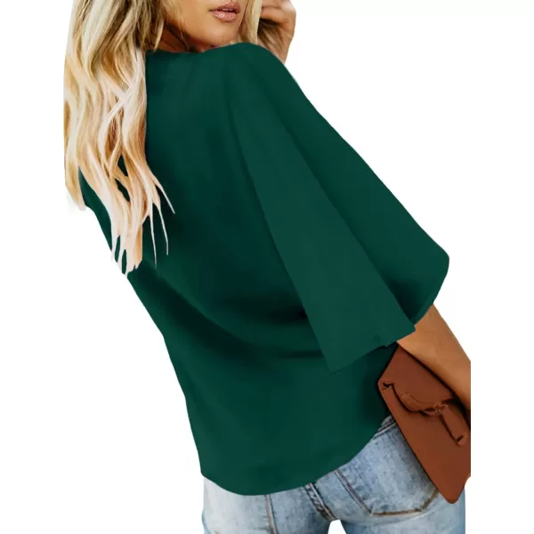 luvamia Womens Casual V Neck Tops 34 Sleeve Tie Knot Blouses Solid Button Down ShirtsCypress Green