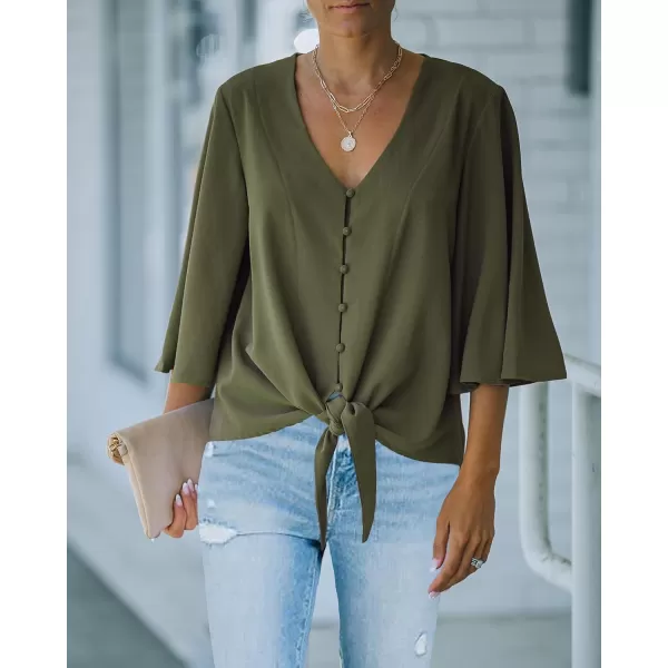 luvamia Womens Casual V Neck Tops 34 Sleeve Tie Knot Blouses Solid Button Down ShirtsDark Olive