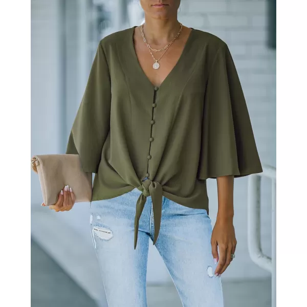 luvamia Womens Casual V Neck Tops 34 Sleeve Tie Knot Blouses Solid Button Down ShirtsDark Olive