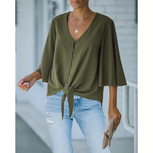 luvamia Womens Casual V Neck Tops 34 Sleeve Tie Knot Blouses Solid Button Down ShirtsDark Olive