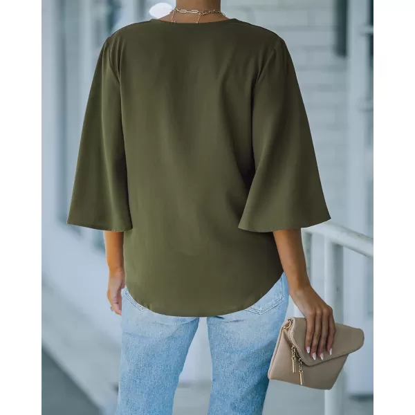 luvamia Womens Casual V Neck Tops 34 Sleeve Tie Knot Blouses Solid Button Down ShirtsDark Olive