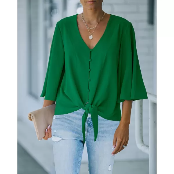 luvamia Womens Casual V Neck Tops 34 Sleeve Tie Knot Blouses Solid Button Down ShirtsFern Green