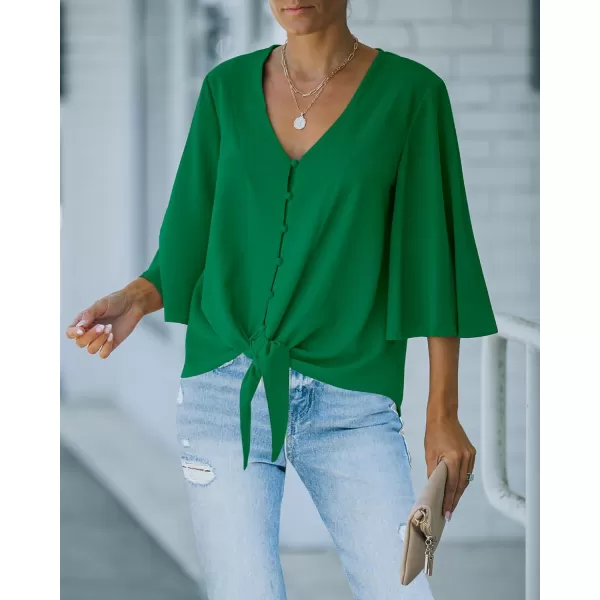 luvamia Womens Casual V Neck Tops 34 Sleeve Tie Knot Blouses Solid Button Down ShirtsFern Green