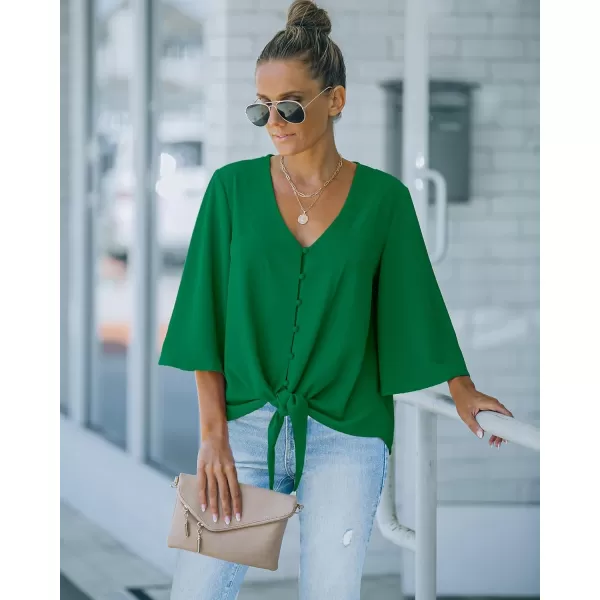 luvamia Womens Casual V Neck Tops 34 Sleeve Tie Knot Blouses Solid Button Down ShirtsFern Green