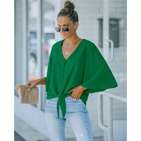 luvamia Womens Casual V Neck Tops 34 Sleeve Tie Knot Blouses Solid Button Down ShirtsFern Green