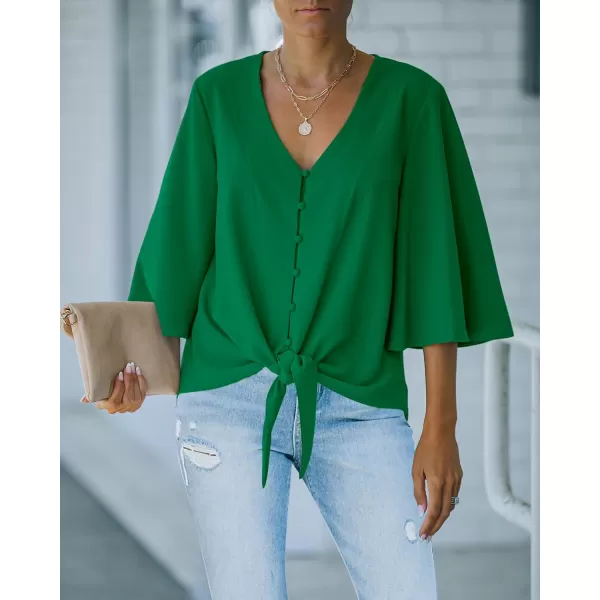luvamia Womens Casual V Neck Tops 34 Sleeve Tie Knot Blouses Solid Button Down ShirtsFern Green