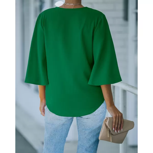 luvamia Womens Casual V Neck Tops 34 Sleeve Tie Knot Blouses Solid Button Down ShirtsFern Green