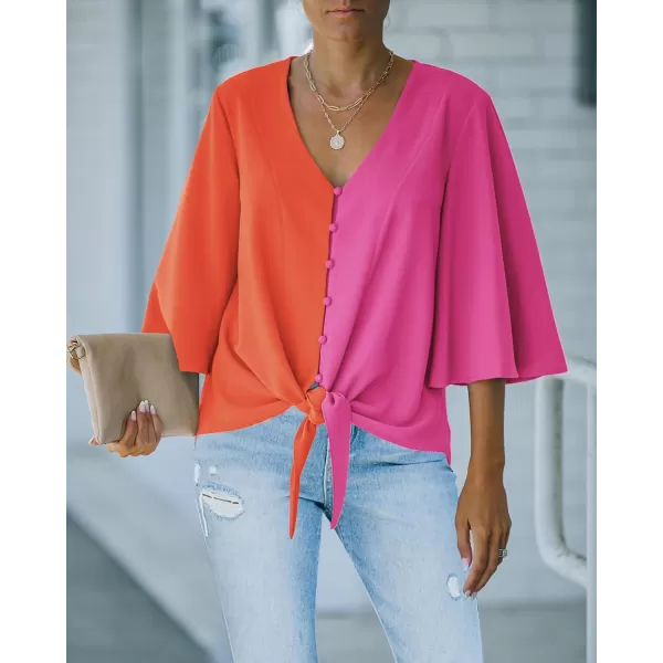 luvamia Womens Casual V Neck Tops 34 Sleeve Tie Knot Blouses Solid Button Down ShirtsHot Pink  Orange