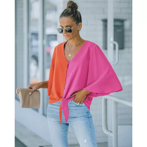 luvamia Womens Casual V Neck Tops 34 Sleeve Tie Knot Blouses Solid Button Down ShirtsHot Pink  Orange