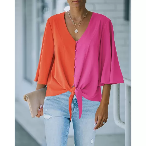 luvamia Womens Casual V Neck Tops 34 Sleeve Tie Knot Blouses Solid Button Down ShirtsHot Pink  Orange