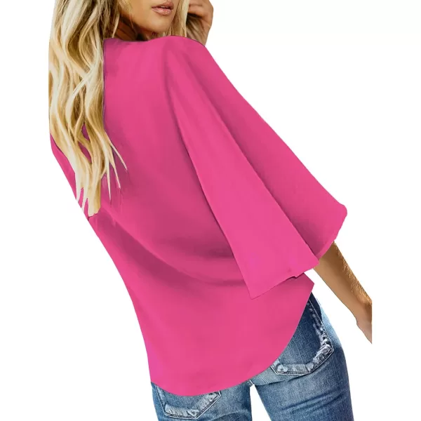 luvamia Womens Casual V Neck Tops 34 Sleeve Tie Knot Blouses Solid Button Down ShirtsHot Pink