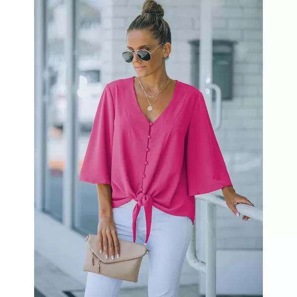 luvamia Womens Casual V Neck Tops 34 Sleeve Tie Knot Blouses Solid Button Down ShirtsHot Pink