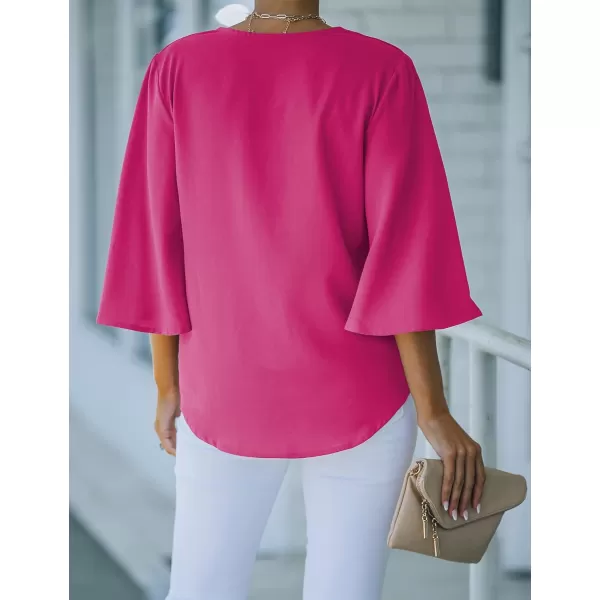 luvamia Womens Casual V Neck Tops 34 Sleeve Tie Knot Blouses Solid Button Down ShirtsHot Pink