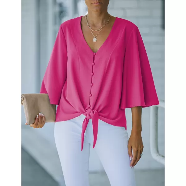 luvamia Womens Casual V Neck Tops 34 Sleeve Tie Knot Blouses Solid Button Down ShirtsHot Pink