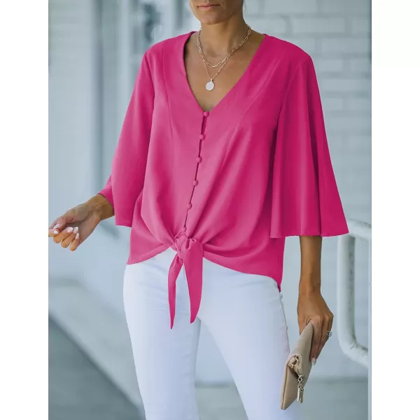 luvamia Womens Casual V Neck Tops 34 Sleeve Tie Knot Blouses Solid Button Down ShirtsHot Pink