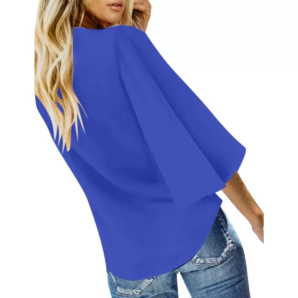 luvamia Womens Casual V Neck Tops 34 Sleeve Tie Knot Blouses Solid Button Down ShirtsLapis Blue