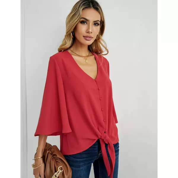 luvamia Womens Casual V Neck Tops 34 Sleeve Tie Knot Blouses Solid Button Down ShirtsLychee Red