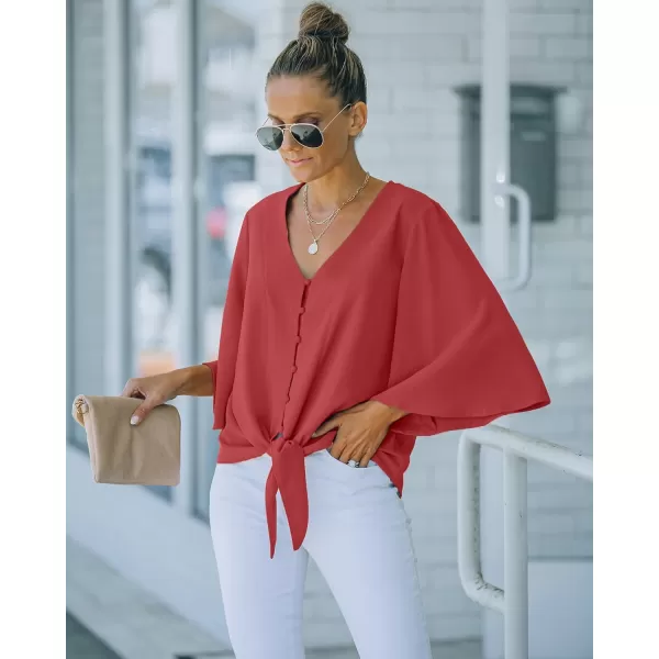 luvamia Womens Casual V Neck Tops 34 Sleeve Tie Knot Blouses Solid Button Down ShirtsLychee Red