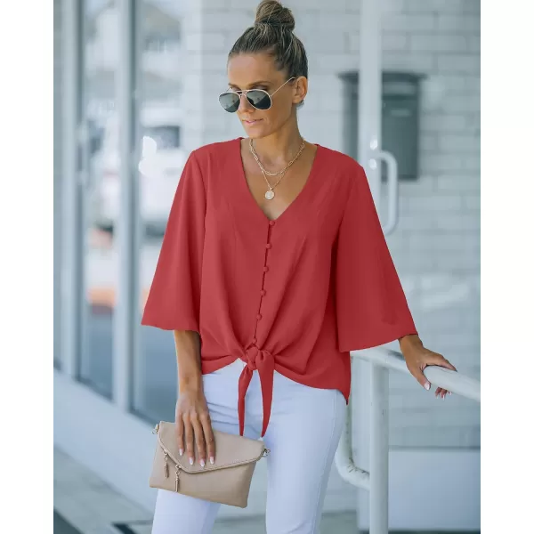 luvamia Womens Casual V Neck Tops 34 Sleeve Tie Knot Blouses Solid Button Down ShirtsLychee Red