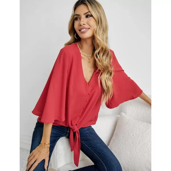 luvamia Womens Casual V Neck Tops 34 Sleeve Tie Knot Blouses Solid Button Down ShirtsLychee Red