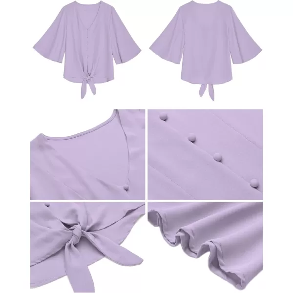 luvamia Womens Casual V Neck Tops 34 Sleeve Tie Knot Blouses Solid Button Down ShirtsPastel Lilac
