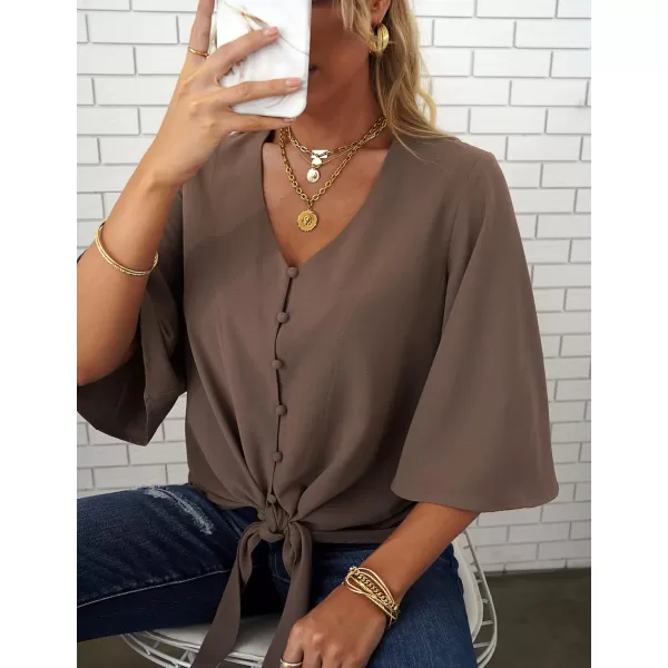 luvamia Womens Casual V Neck Tops 34 Sleeve Tie Knot Blouses Solid Button Down ShirtsPecan Brown