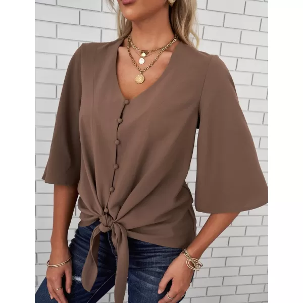 luvamia Womens Casual V Neck Tops 34 Sleeve Tie Knot Blouses Solid Button Down ShirtsPecan Brown