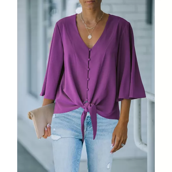 luvamia Womens Casual V Neck Tops 34 Sleeve Tie Knot Blouses Solid Button Down ShirtsPurple