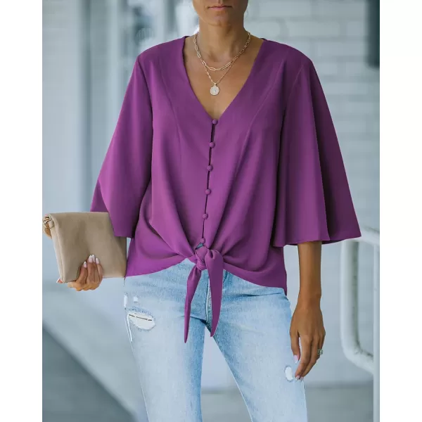 luvamia Womens Casual V Neck Tops 34 Sleeve Tie Knot Blouses Solid Button Down ShirtsPurple