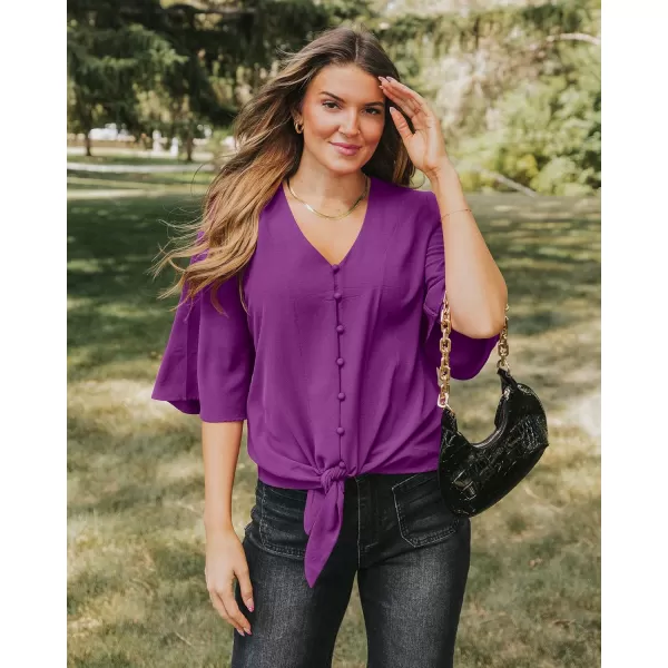 luvamia Womens Casual V Neck Tops 34 Sleeve Tie Knot Blouses Solid Button Down ShirtsPurple