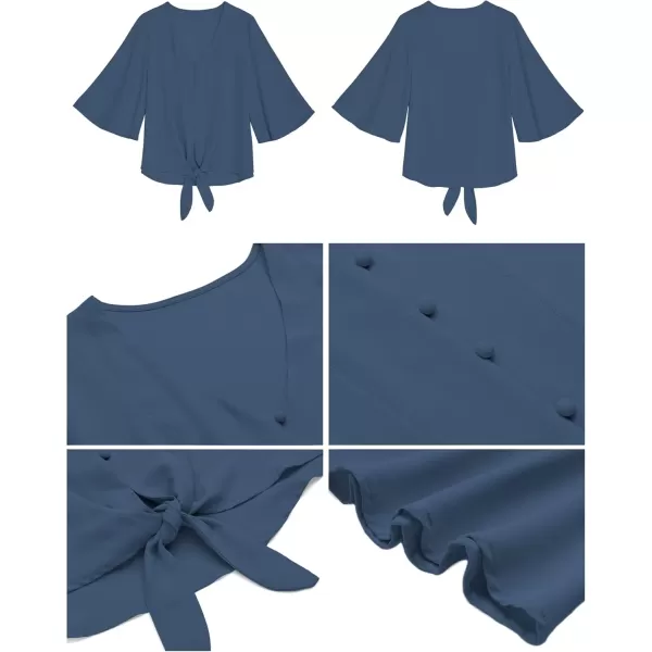 luvamia Womens Casual V Neck Tops 34 Sleeve Tie Knot Blouses Solid Button Down ShirtsRiverside Blue