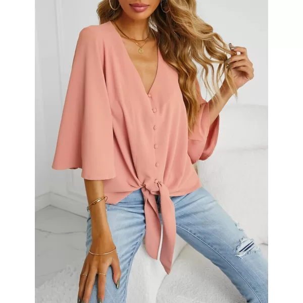 luvamia Womens Casual V Neck Tops 34 Sleeve Tie Knot Blouses Solid Button Down ShirtsShrimp